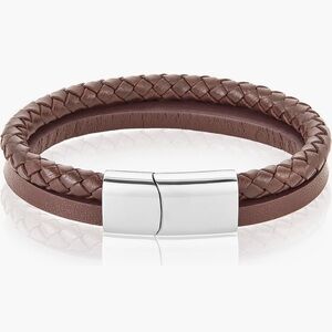 Adornia Leather Braided Combo Bracelet 5MM Band Leather + Stainless Steel